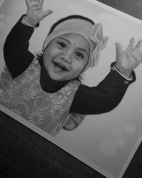 A finished hand-drawn pencil portrait of a smiling baby