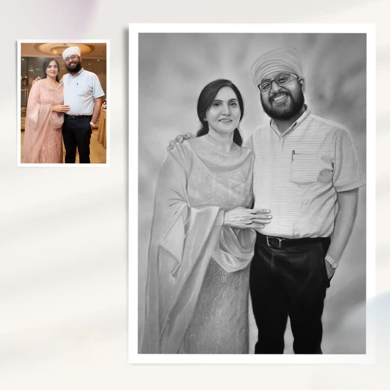 Photograph of a couple at a function and the pencil portrait drawn from it