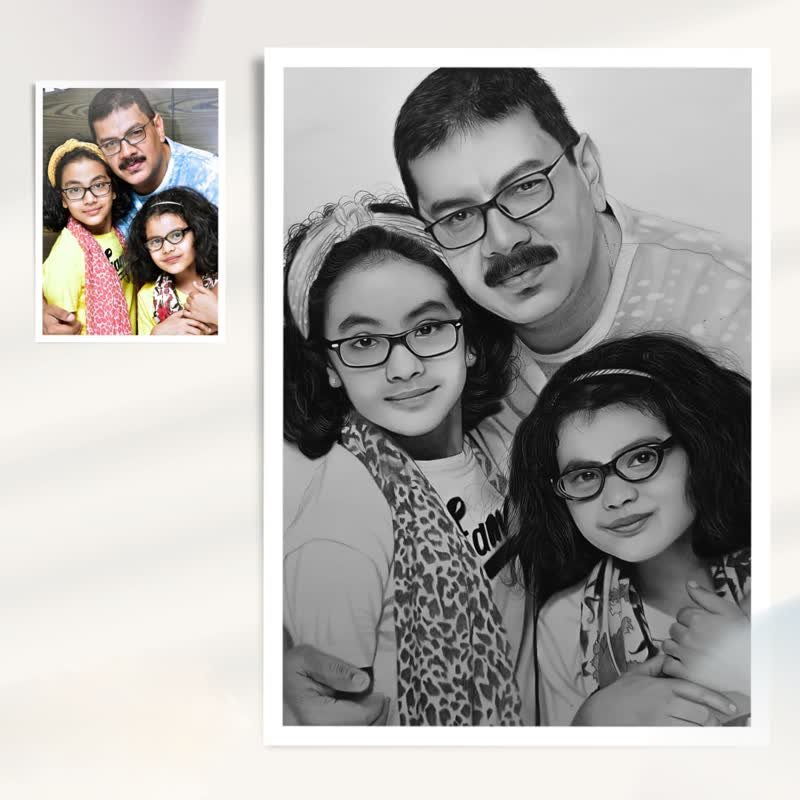 Family photograph of a father and two daughters and the pencil portrait drawn from it