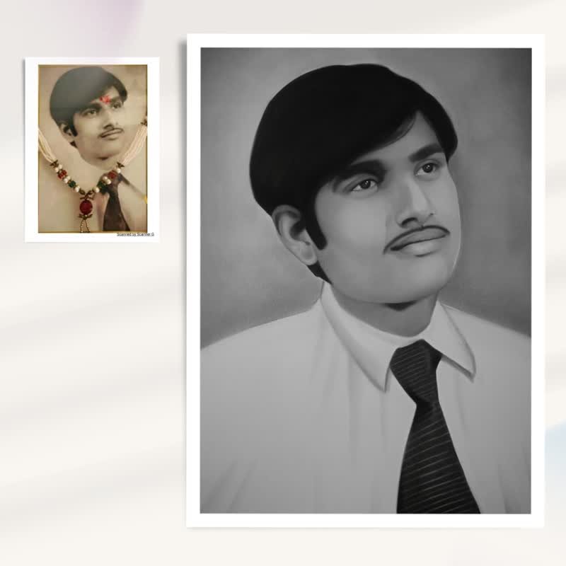 A faded old photograph and the restored pencil portrait drawn from it