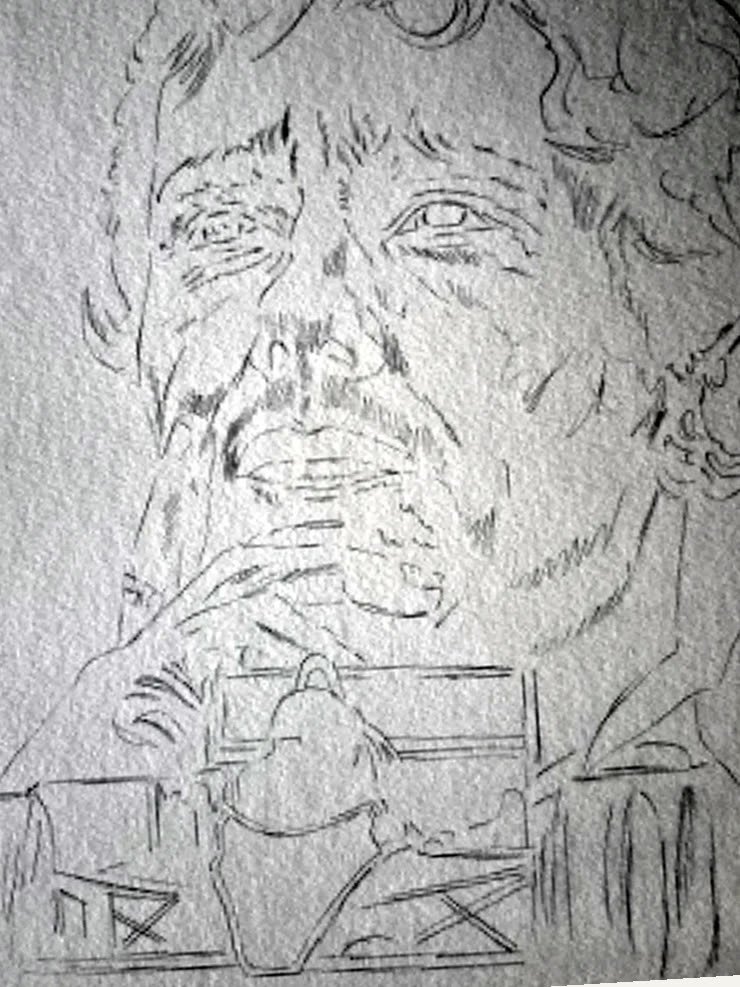 The portrait at roughly 20 per cent — the whole composition mapped out in pencil outline on blank paper, no shading yet